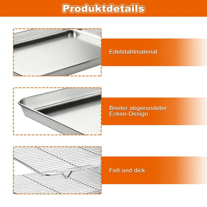 Edelstahl Backblech mit Abkühlgitter – Rechteckiges Kuchenblech 27x20cm