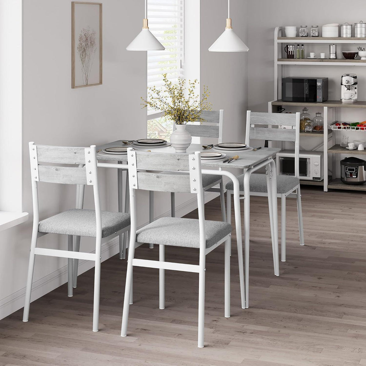5-tlg. Esstisch Set für 4 Personen – Grau & Weiß