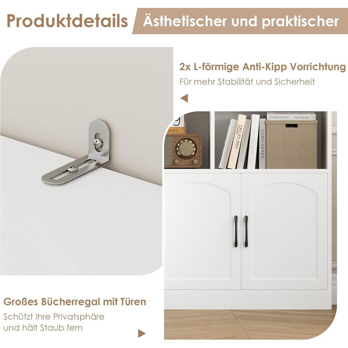 Bücherregal 209 cm mit Türen | Hochschrank 15 Fächer | Weiß
