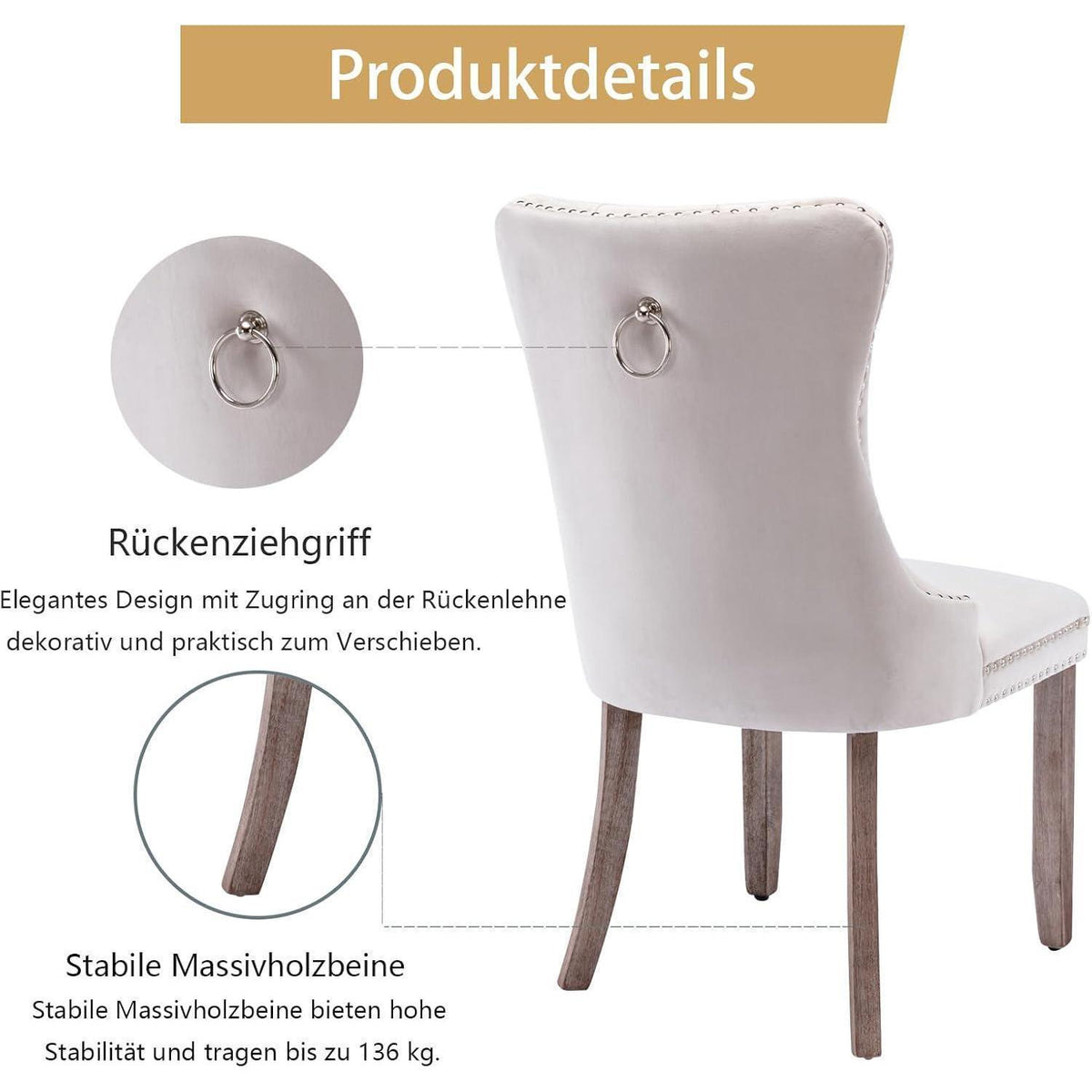 Gepolsterte Esszimmerstühle 2er-Set, Beige, Massivholzbeine