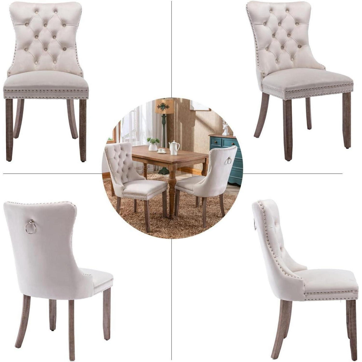 Gepolsterte Esszimmerstühle 2er-Set, Beige, Massivholzbeine