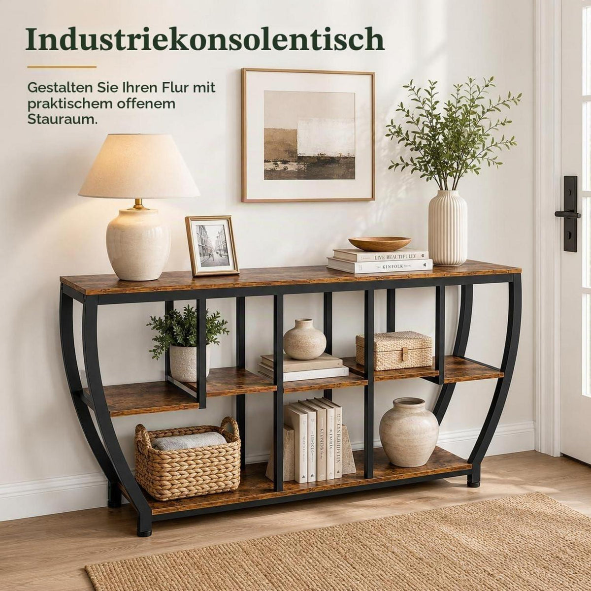 Schmaler Konsolentisch 160cm – Vintagebraun, Beistelltisch für Flur & Wohnzimmer