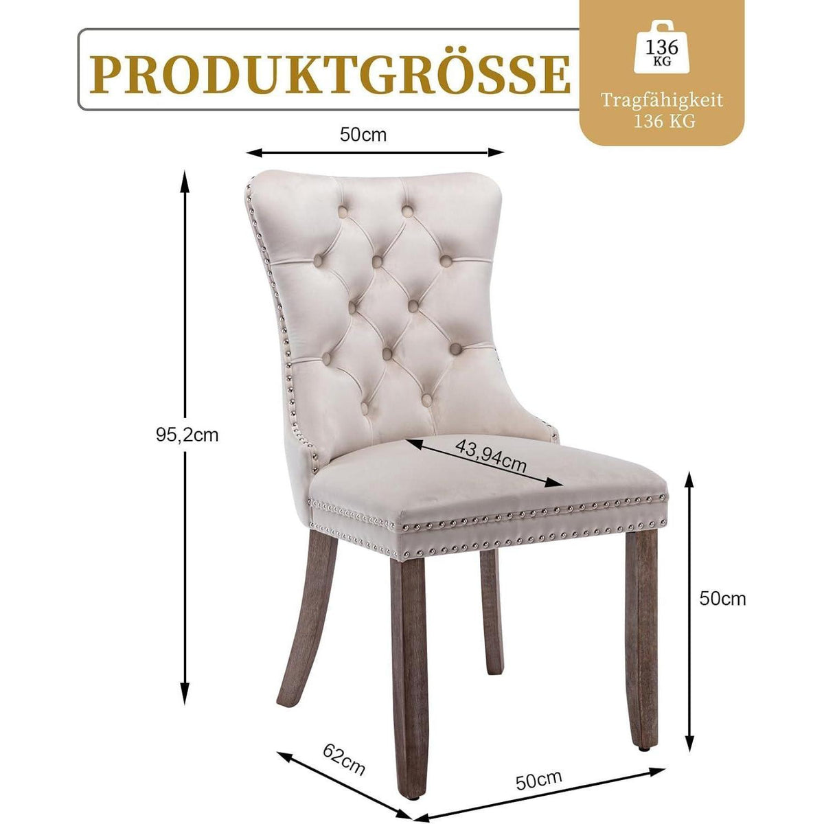 Samt Esszimmerstühle 6er Set mit Massivholzbeinen, Beige