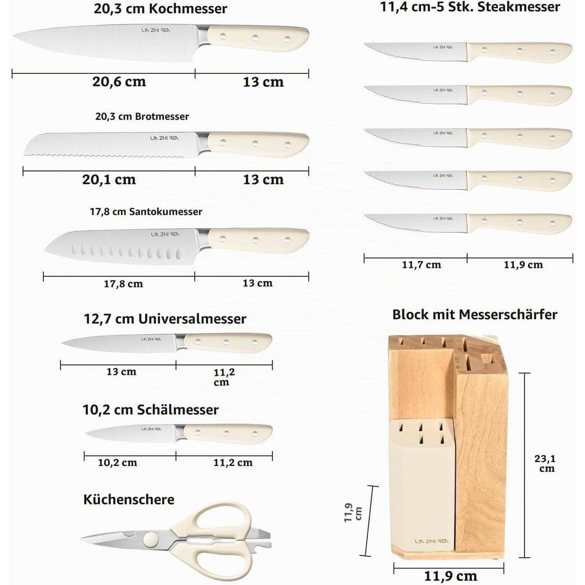 13-teiliges Küchenmesser-Set Edelstahl mit Messerblock & Messerschärfer