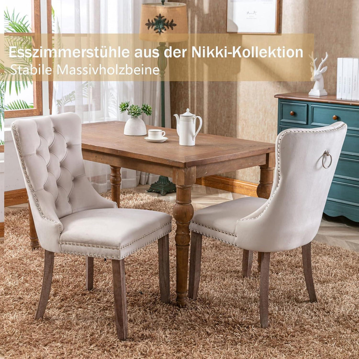 Samt Esszimmerstühle 4er Set mit Massivholzbeinen, Beige