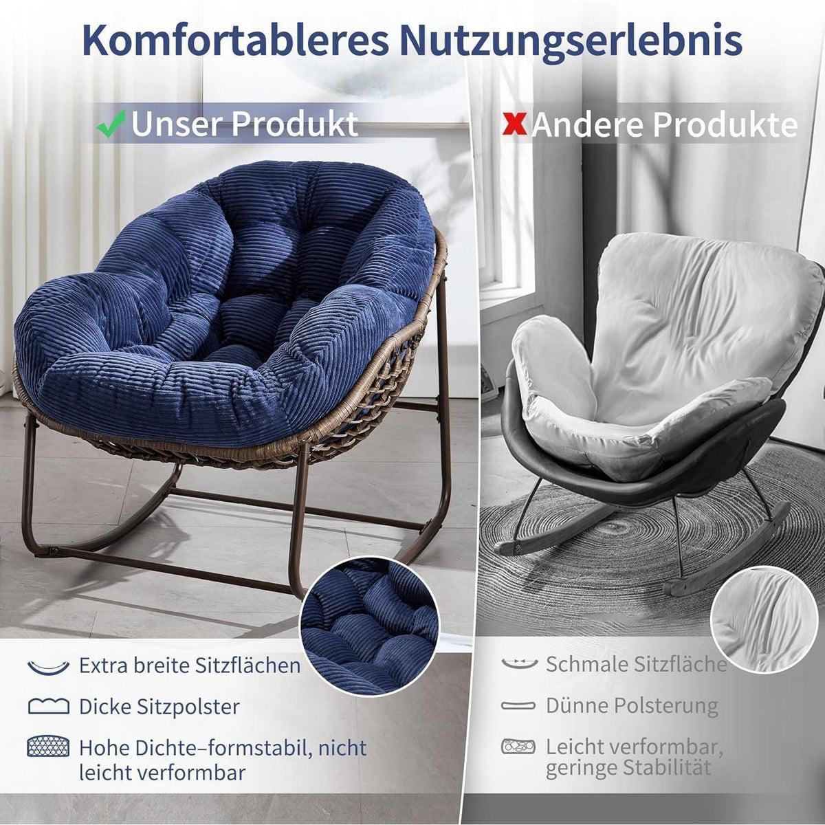 2x Schaukelstuhl-Set Blau - Bequemer Papasan Sessel für Terrasse
