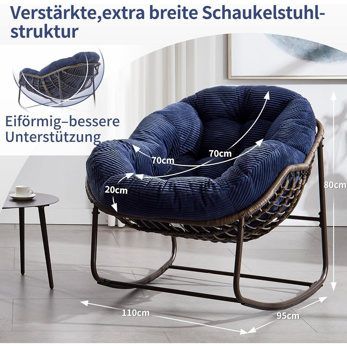 2x Schaukelstuhl-Set Blau - Bequemer Papasan Sessel für Terrasse