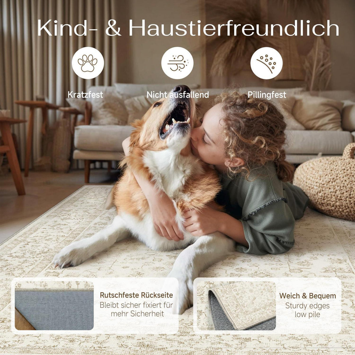 Creme Teppich Wohnzimmer 160x230cm – Waschbar & Rutschfest