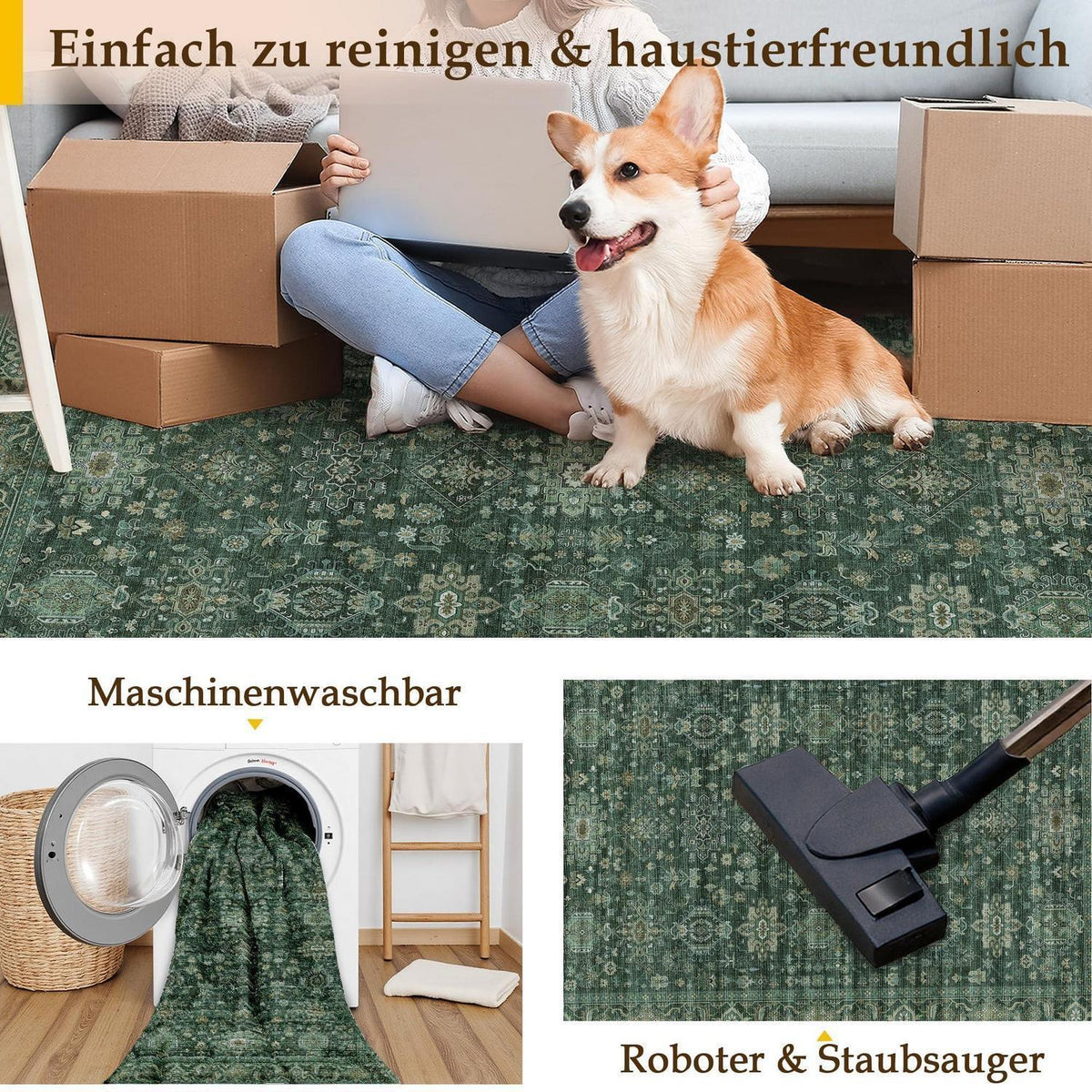 Vintage Teppich Grün 200x300cm - Rechteckiger Wohnzimmerteppich