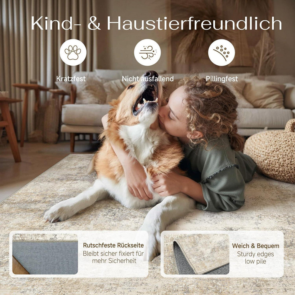 Waschbarer Teppich Wohnzimmer 160x230cm Beige & Braun Abstrakt