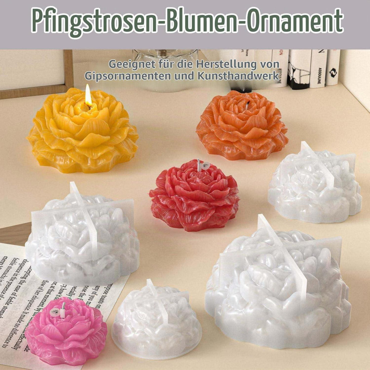 Silikonform Blumen 4er Set – Gießformen Rosen für Kerzen & Gips