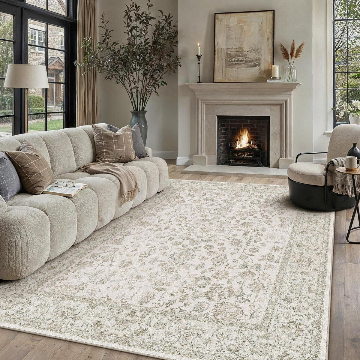 Creme Teppich Wohnzimmer 200x300cm – Waschbar & Rutschfest