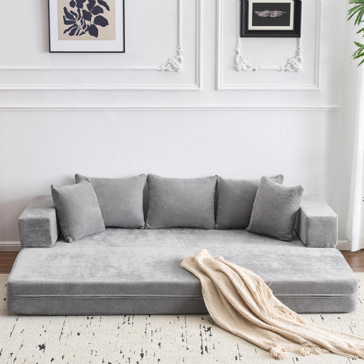 Schlafsofa 200x140cm mit 5 Kissen – Grau, Bequem & Flexibel
