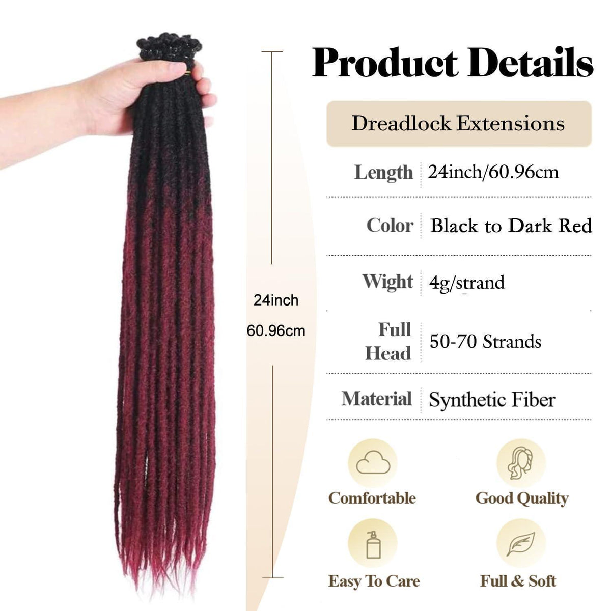 24 Zoll Dreadlock Extensions – Handgefertigte Locs Schwarz-Rot