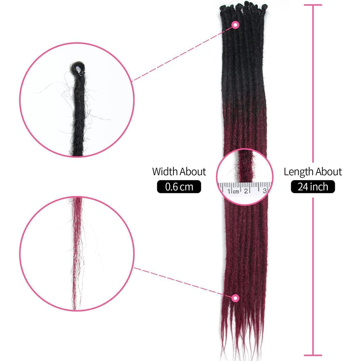 24 Zoll Dreadlock Extensions – Handgefertigte Locs Schwarz-Rot