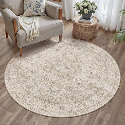 Runder Vintage Teppich 180cm Beige Waschbar – Distressed Design