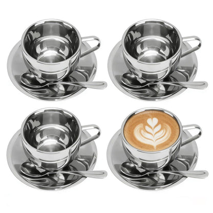Edelstahl Kaffeetassen Set 180ml – 4er Set mit Löffel & Untertasse