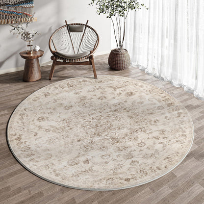 Runder Vintage Teppich 240cm Beige Waschbar – Wohnzimmer Teppich