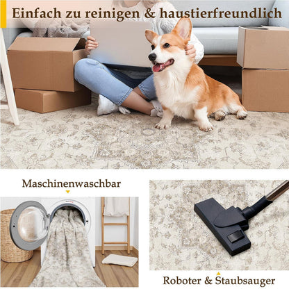 Vintage Läufer Beige 80x300cm – Waschbarer Flurteppich