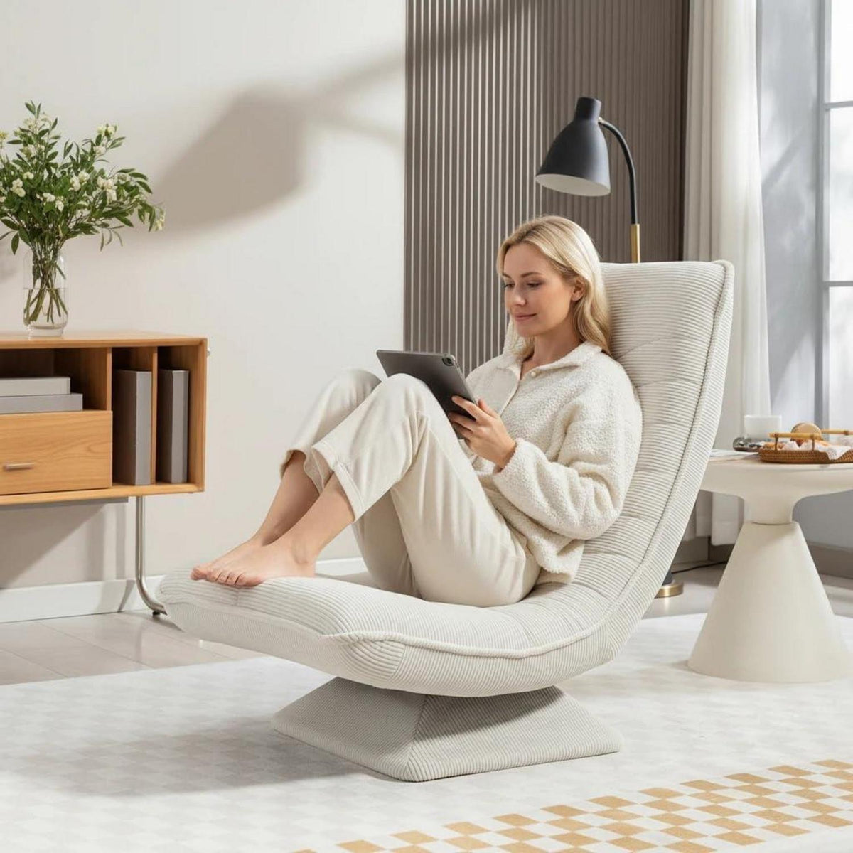 Verstellbarer Bodenstuhl Relaxsessel Beige – 360° Drehbar & Klappbar