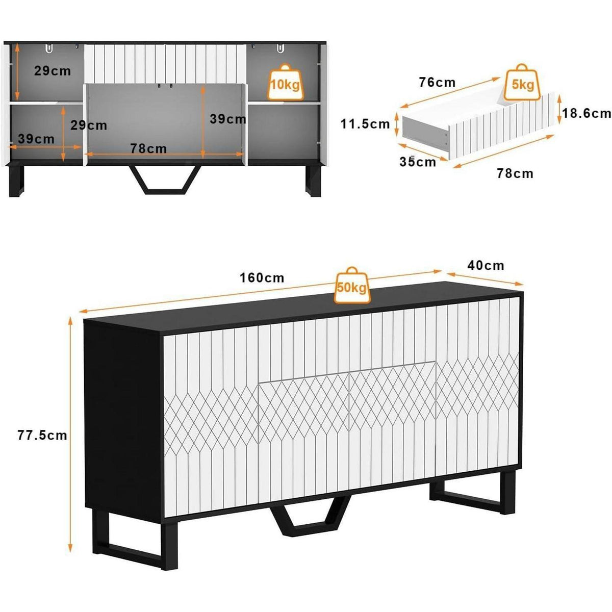 Weißes Sideboard mit Schublade & 4 Türen – 160x40x77.5cm