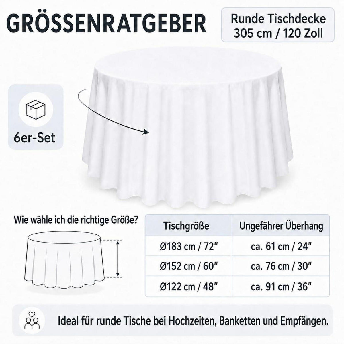 Runde Tischdecken Set 6er, Weiß, 305 cm – Waschbar & Fleckenabweisend