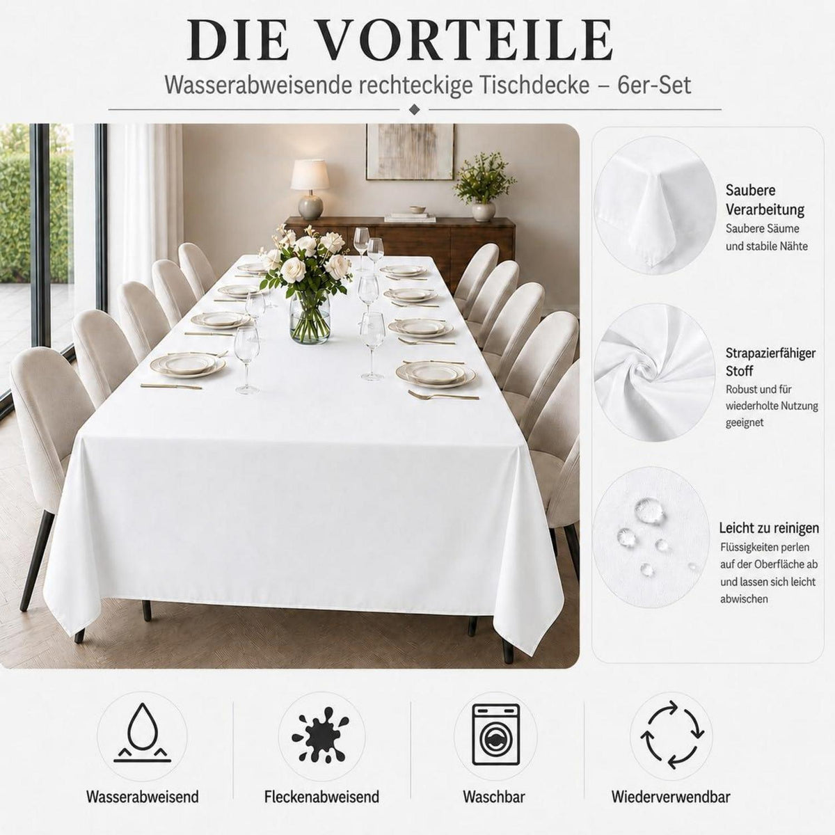 Weißes Tischdecken-Set 6er Pack, 229x335 cm, Rechteckig