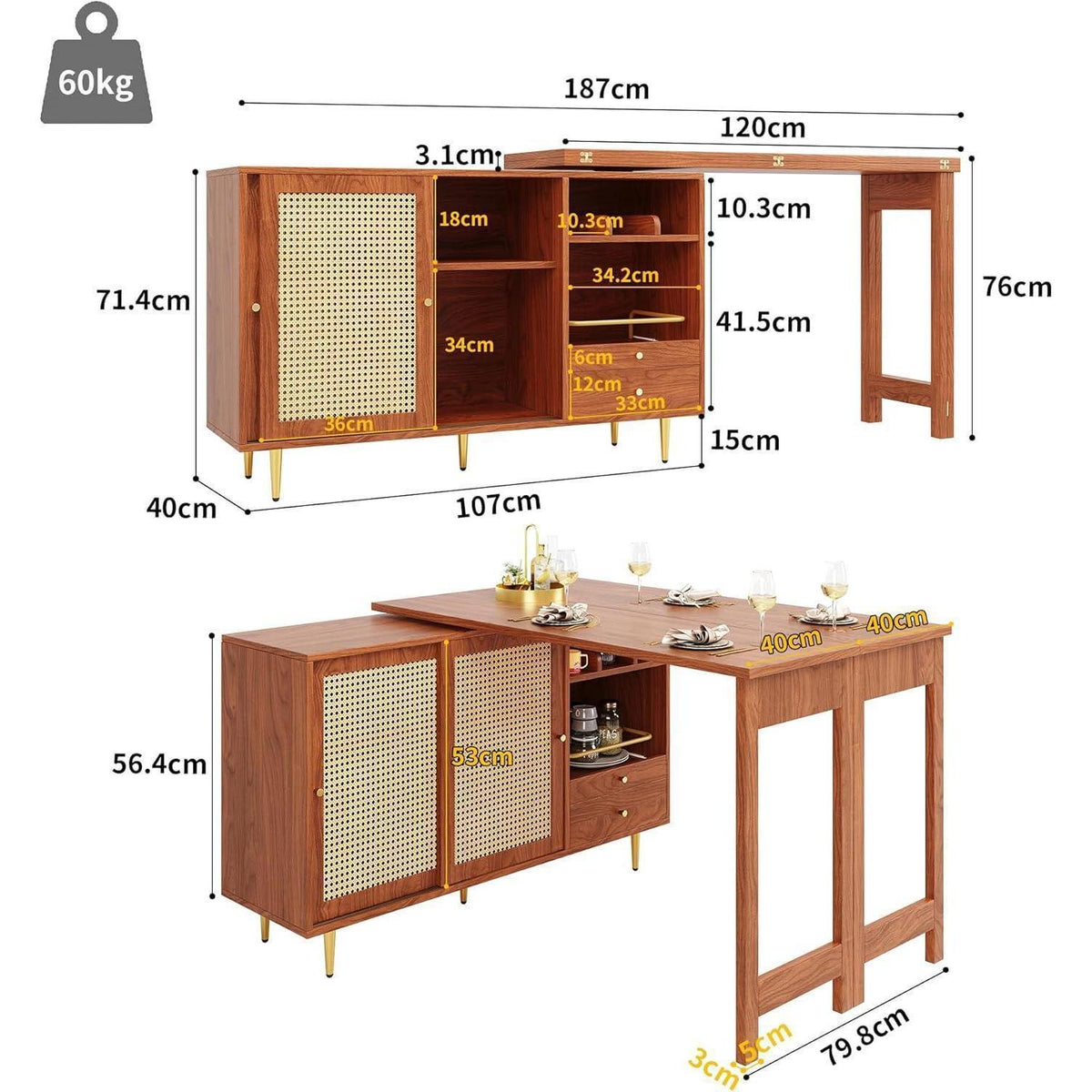 Drehbarer Esstisch mit Schrank & Rattan – Längverstellbar 120-187 cm