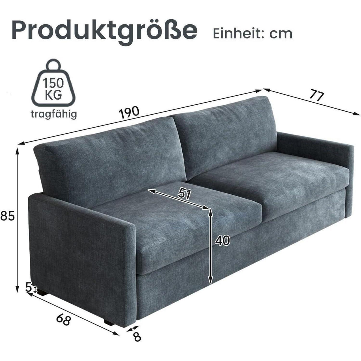 3-Sitzer Stoffsofa Blaugrau – Modernes Sofa 190 cm