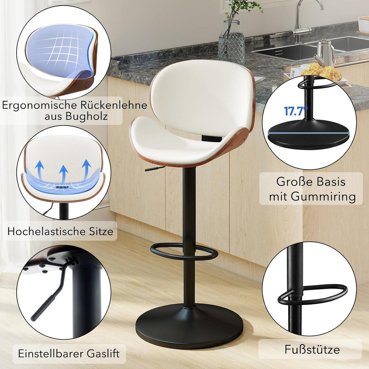 Barhocker Set 2er – Höhenverstellbar, Holz, Weiß in Lederoptik