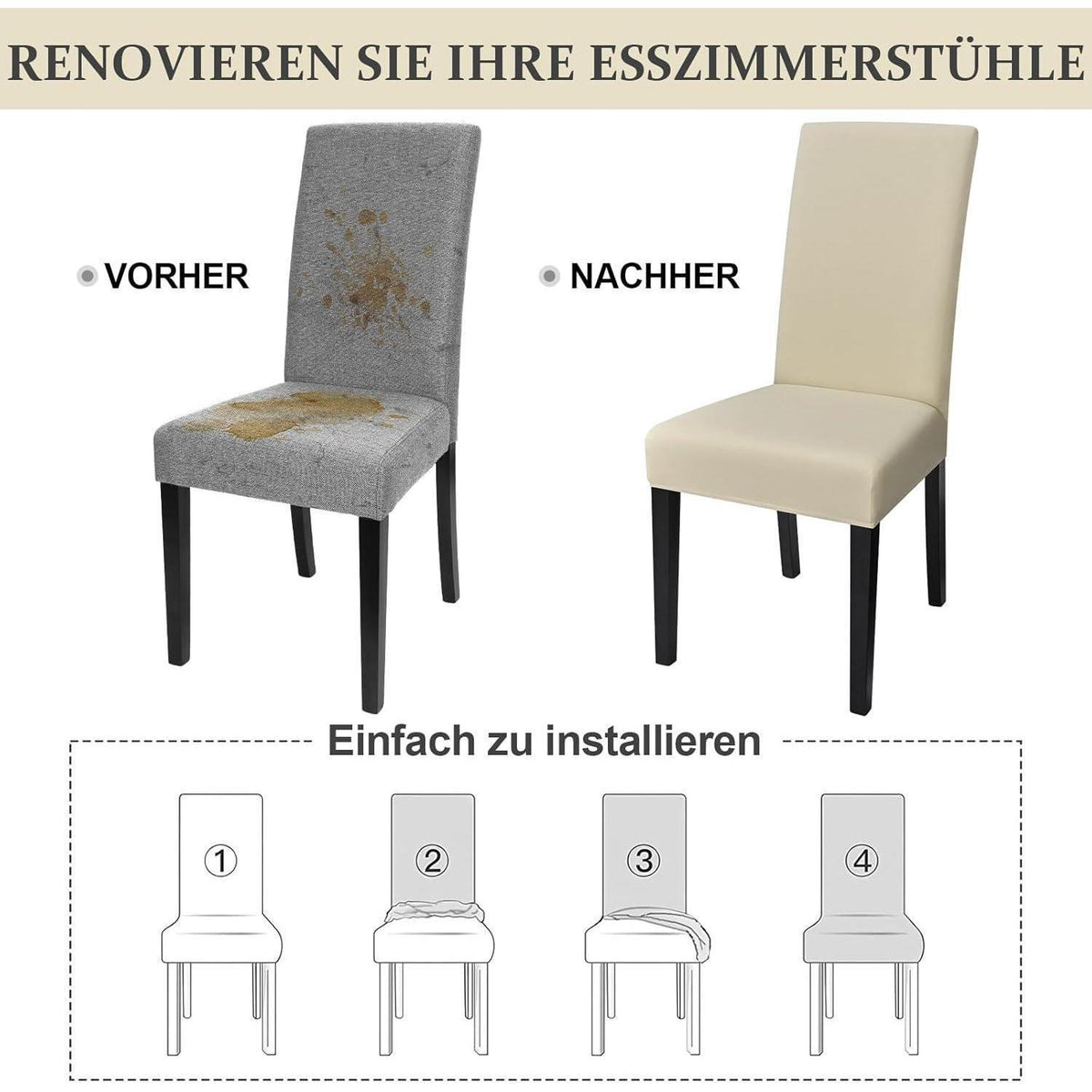 Elastische Stuhlhussen 6er Set - Hellgrau & Beige