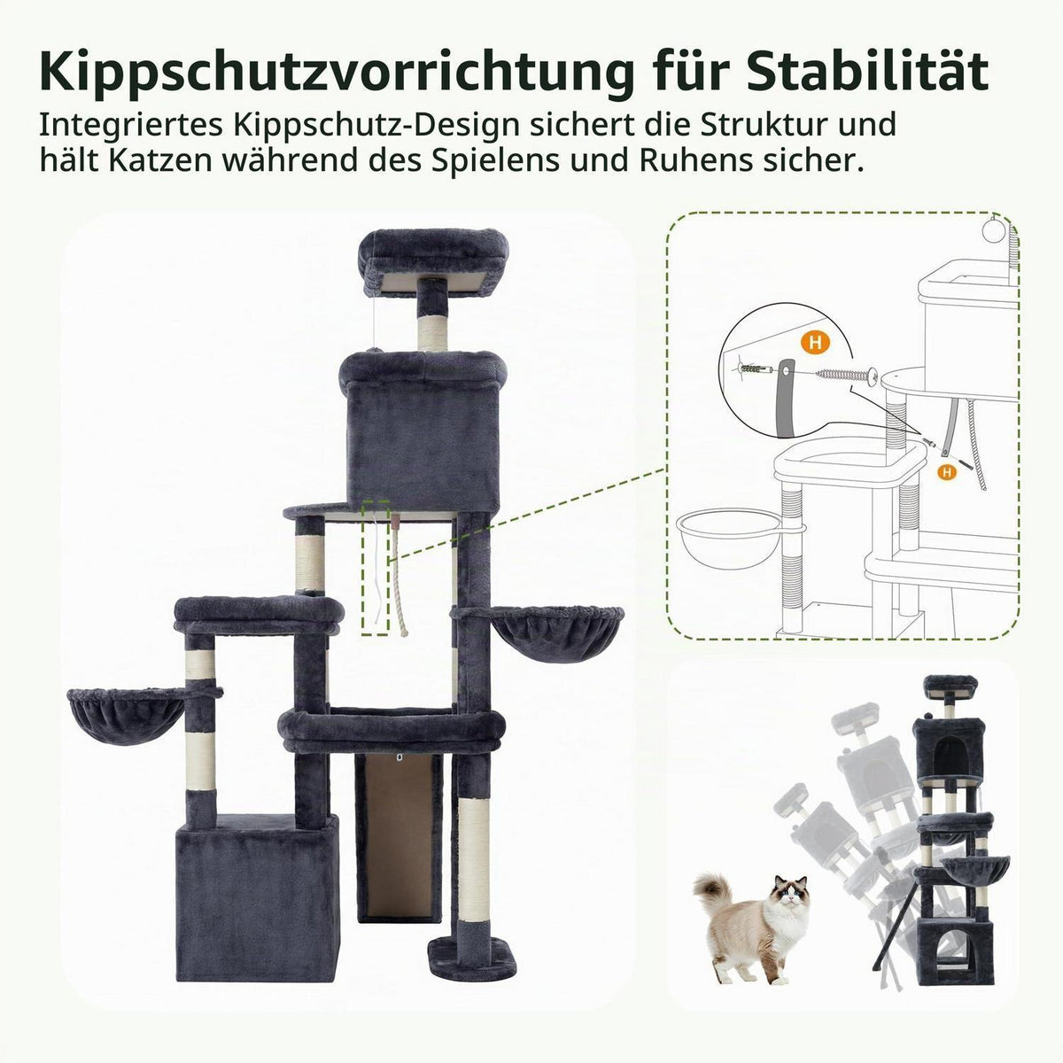 Großer Kratzbaum Rauchgrau für Wohnungskatzen mit Höhle