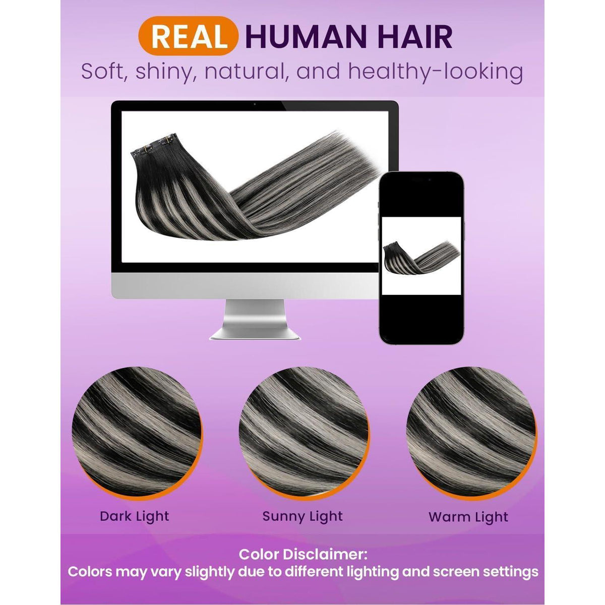 Clip in Haarverlängerung Echthaar Schwarz Silber 55cm