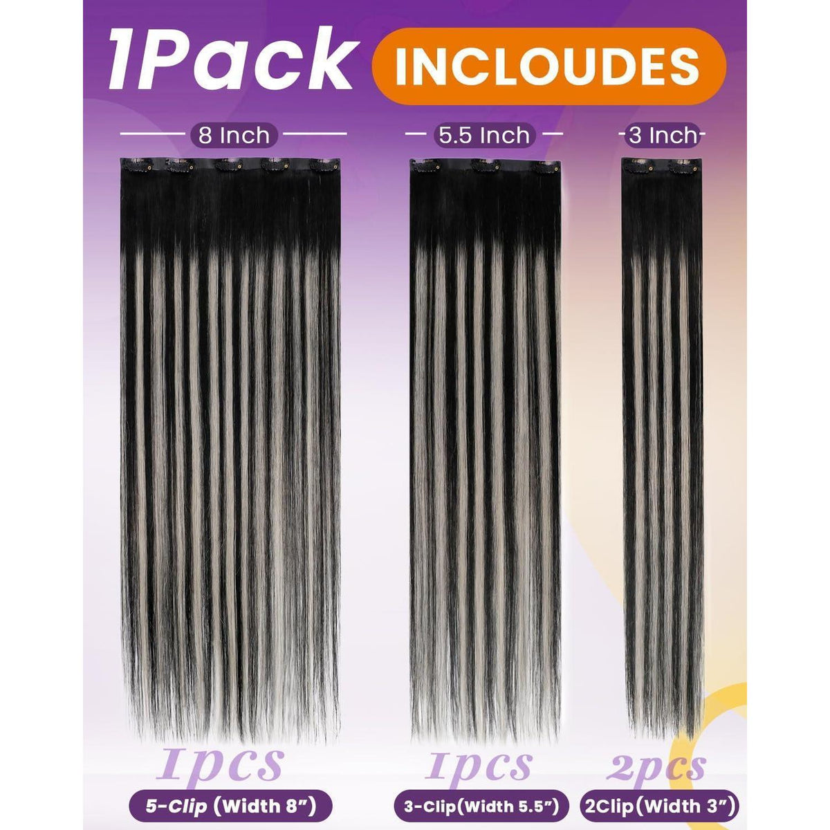 Echthaar Clip-in Extensions Schwarz Silber Ombre 45cm