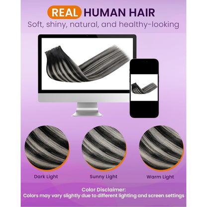 Clip-in Echthaar Extensions Ombre Schwarz Silber 35cm