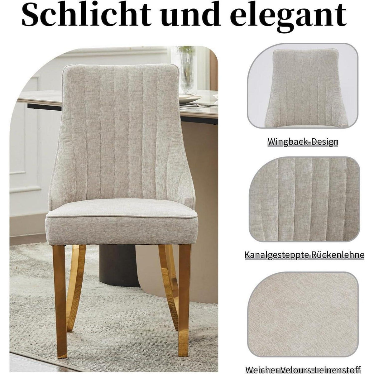 Bequeme Esszimmerstühle 4er Set mit Stoffbezug & Goldbeinen