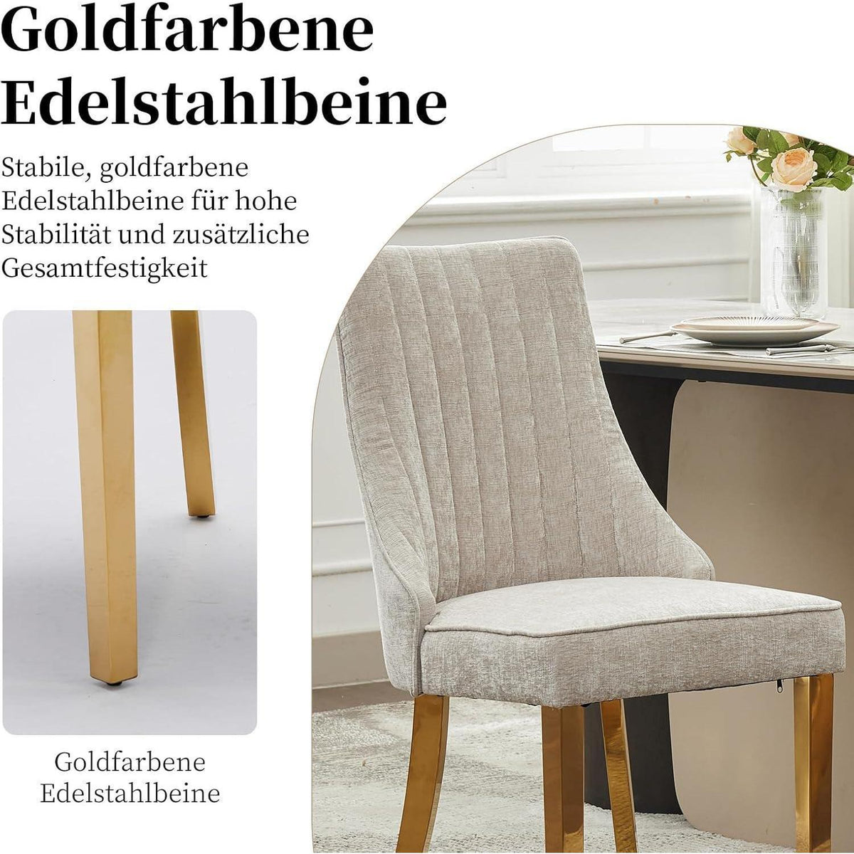 Bequeme Esszimmerstühle 4er Set mit Stoffbezug & Goldbeinen