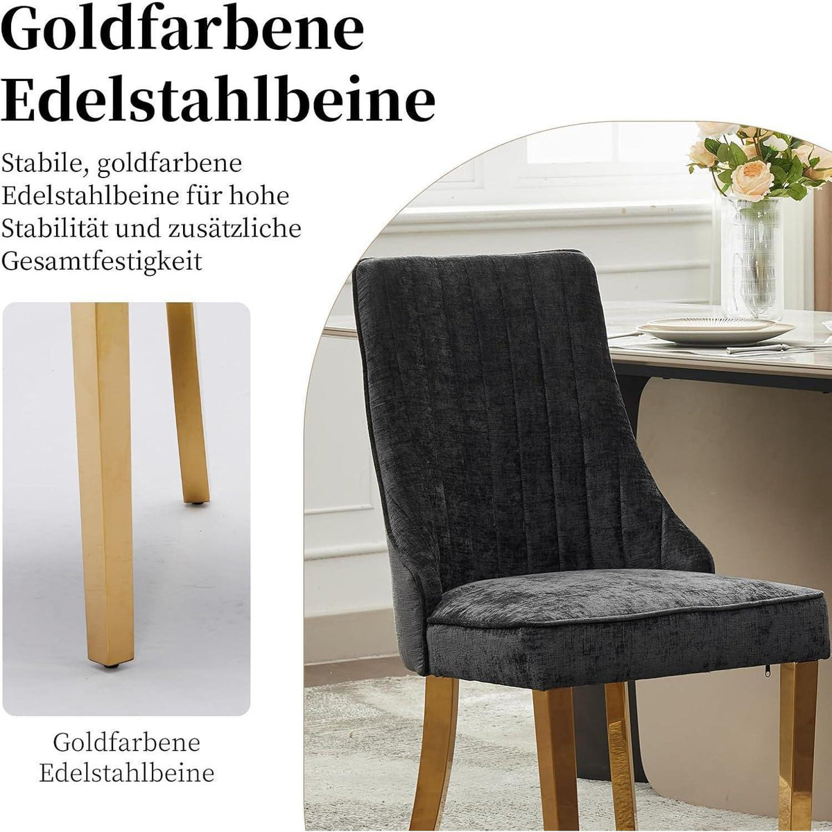Esszimmerstühle 2er Set, Stoff & Goldene Edelstahlbeine