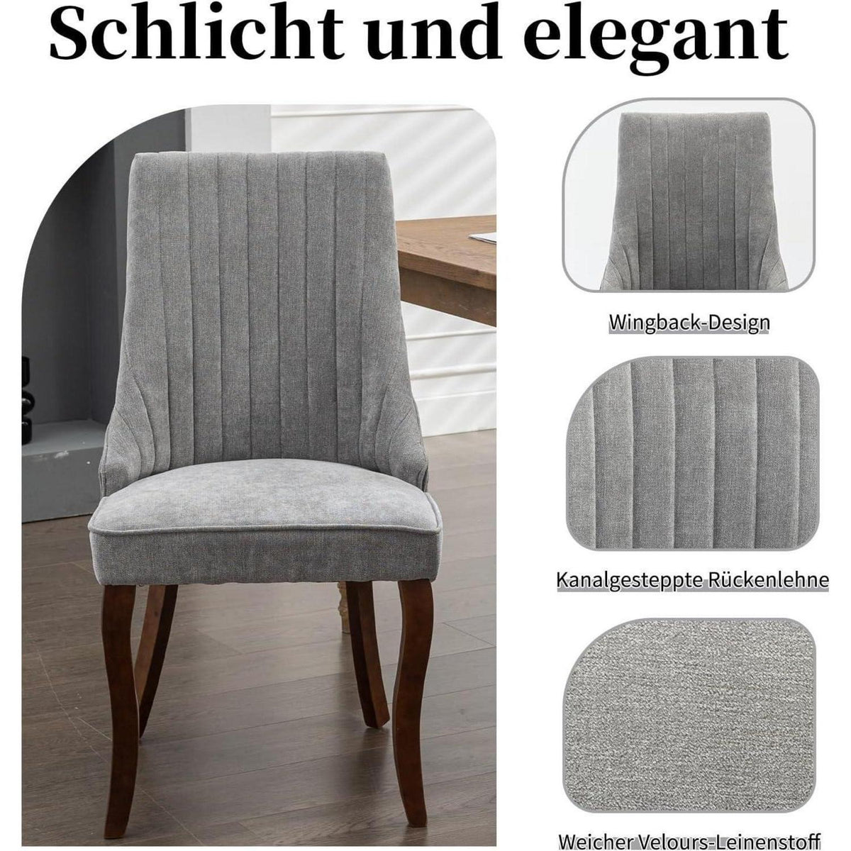 Esszimmerstühle 2er Set Grau, Stoff & Massivholz