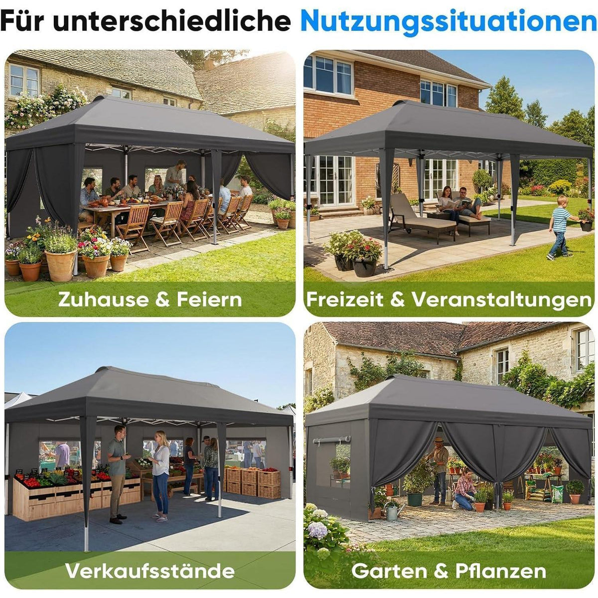 Faltpavillon 3x6m wasserdicht mit Seitenwänden & UV-Schutz