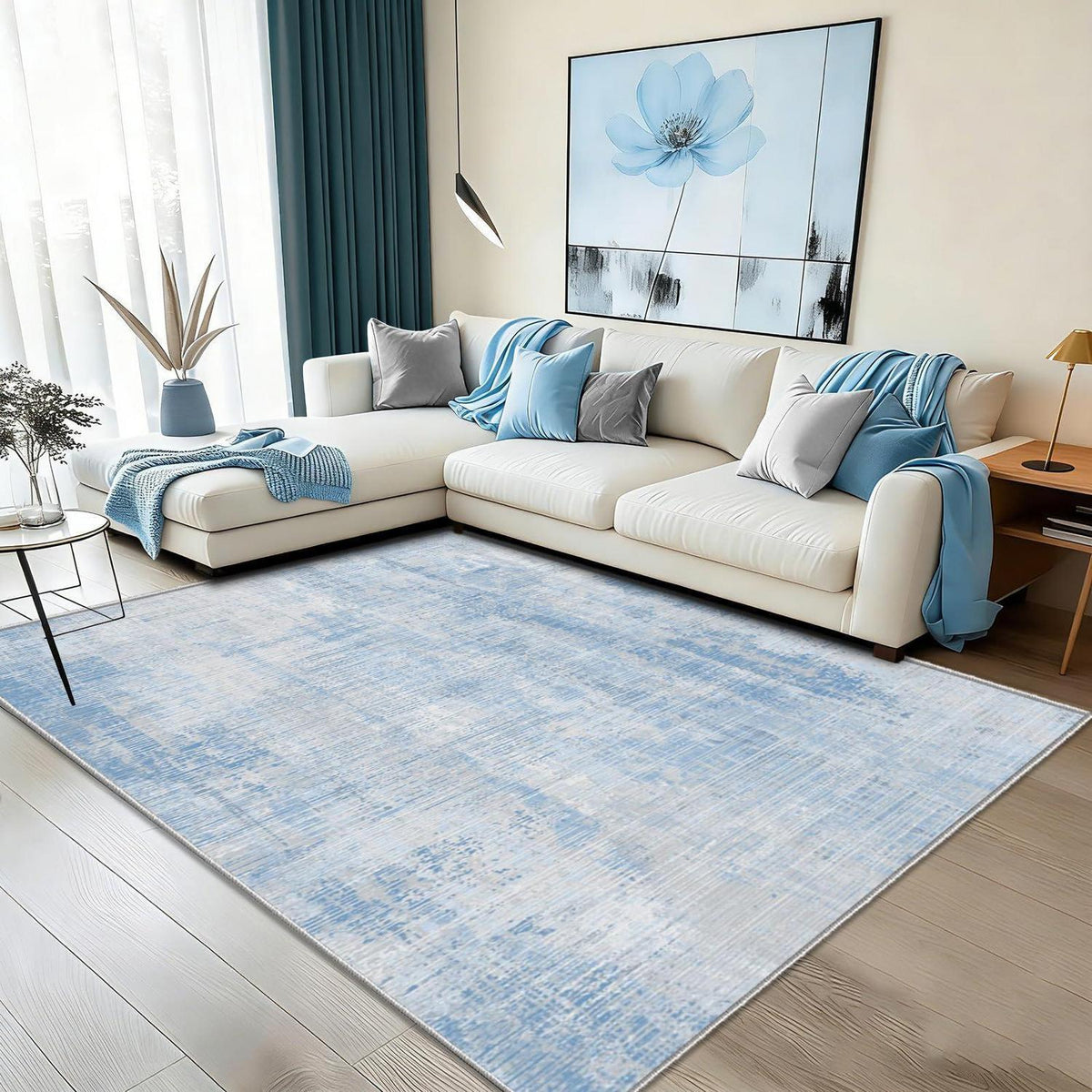 Abstrakt blauer Teppich 160x200cm – Waschbar & Rutschfest