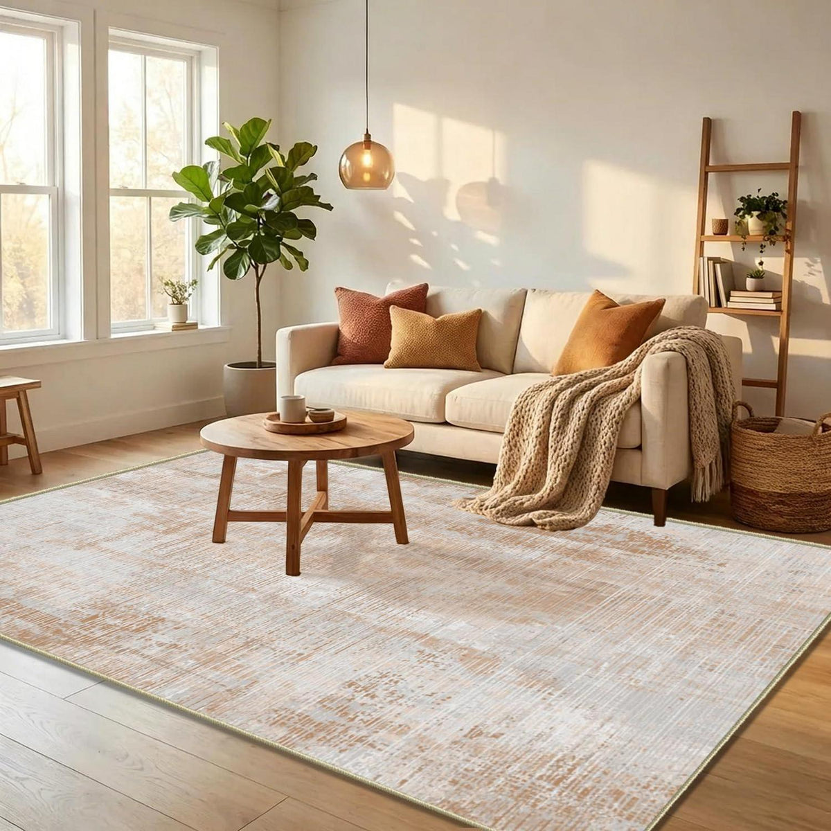 WUTONG Teppich Wohnzimmer 160x200cm Hellbraun Sand – Waschbar & Vintage