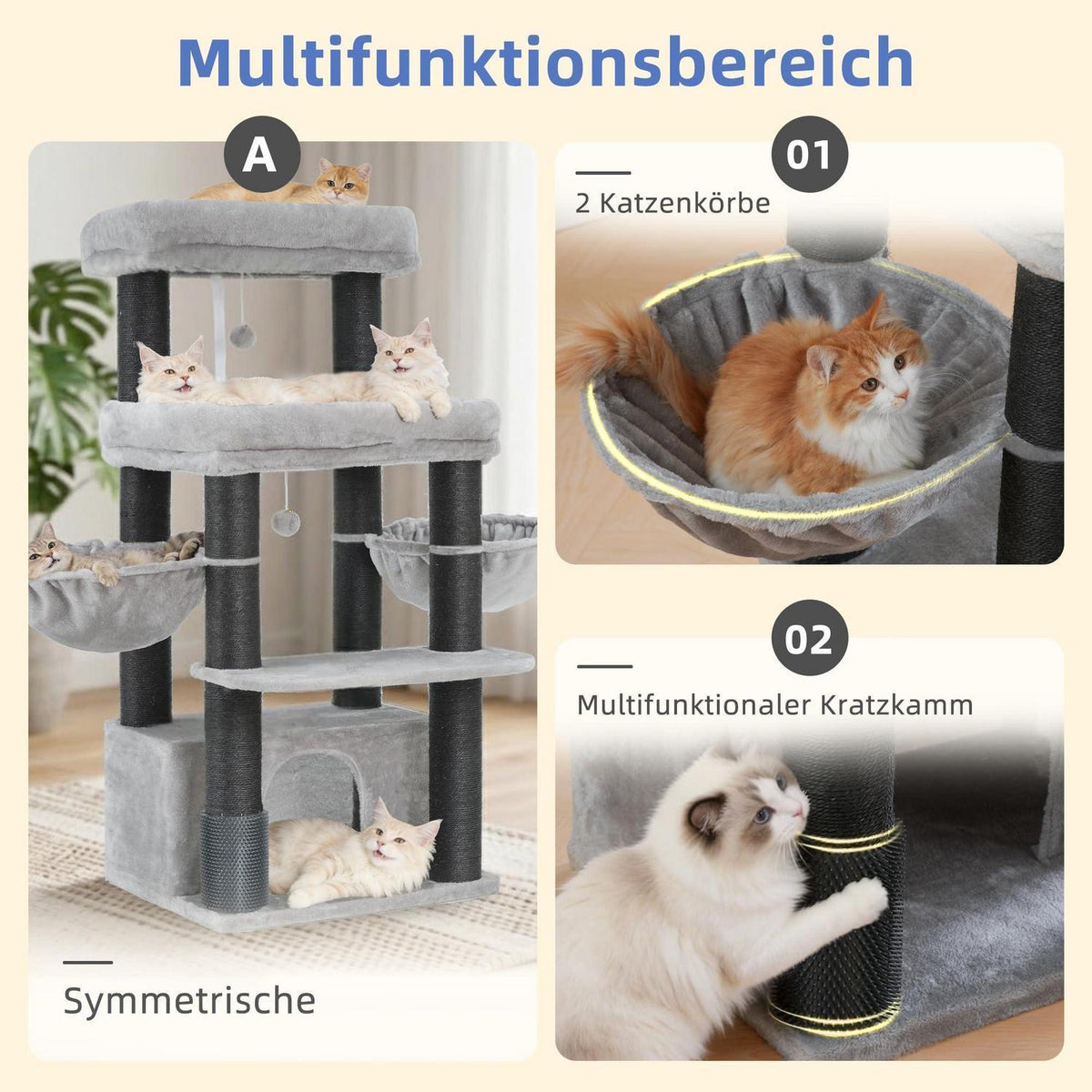 Kratzbaum für große Katzen – Sisal 8cm, Hellgrau