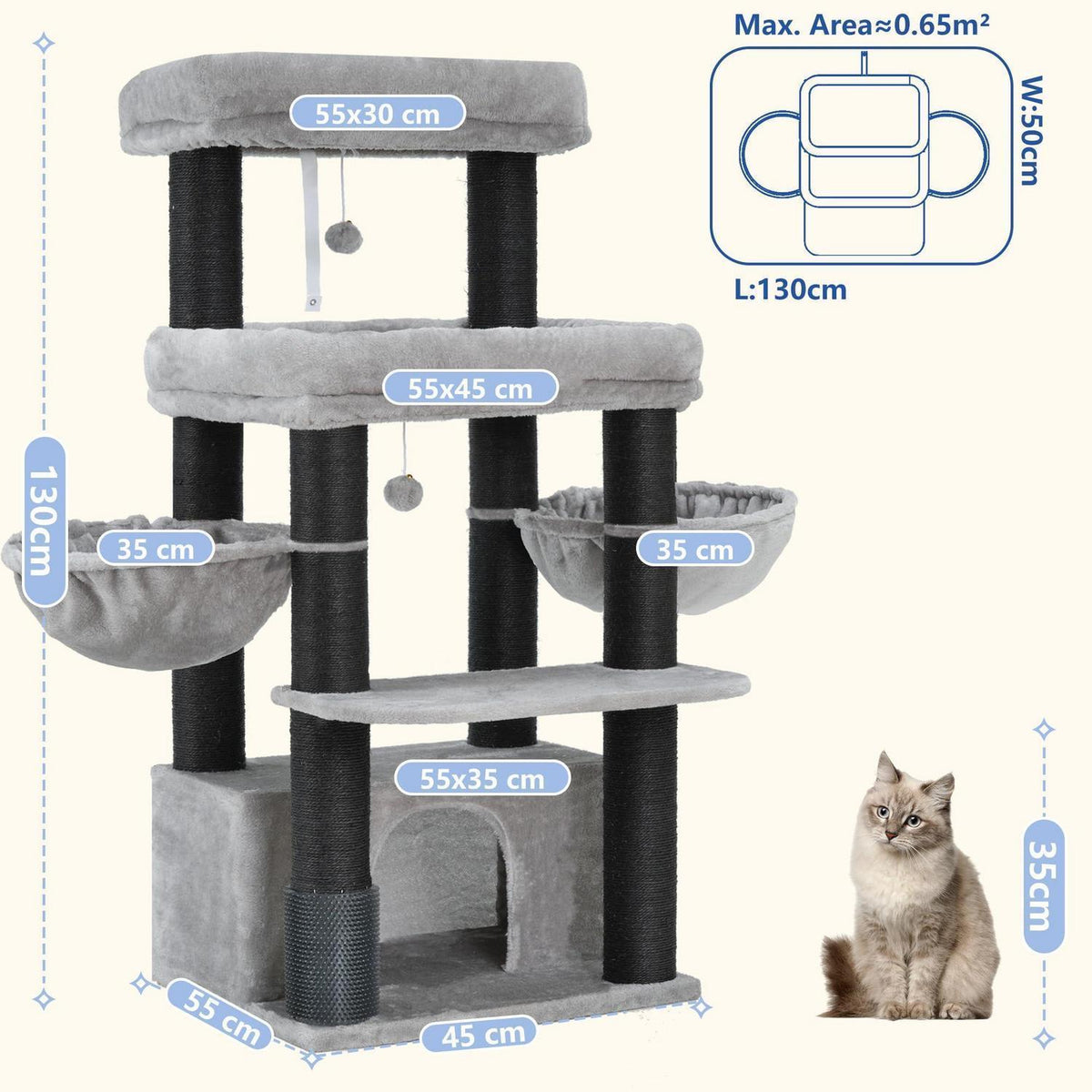 Kratzbaum für große Katzen – Sisal 8cm, Hellgrau