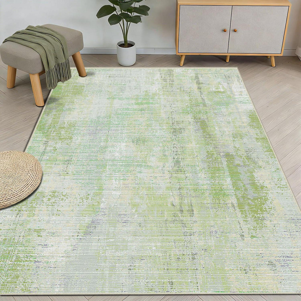 Grüner Teppich 140x200 – Abstrakter Kurzflor Wohnteppich