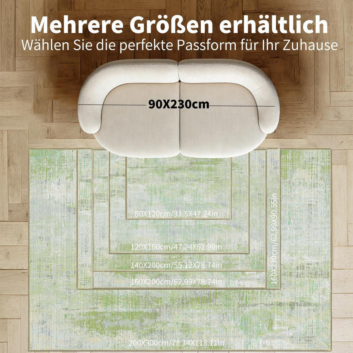 Vintage Teppich Grün 160x200cm - Waschbar & Rutschfest