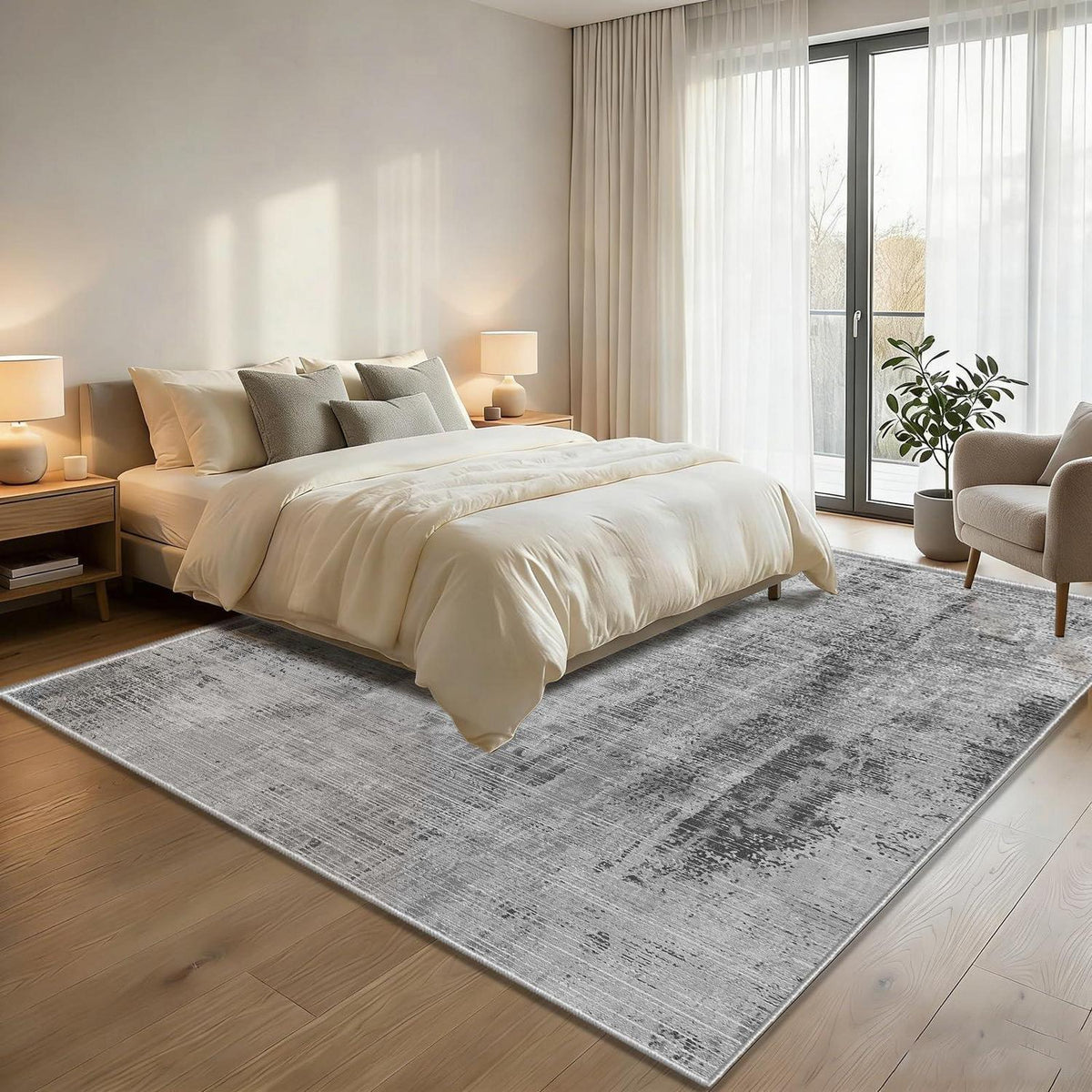 Grauer abstrakter Teppich 140x200cm – Waschbar, Rutschfest & Modern