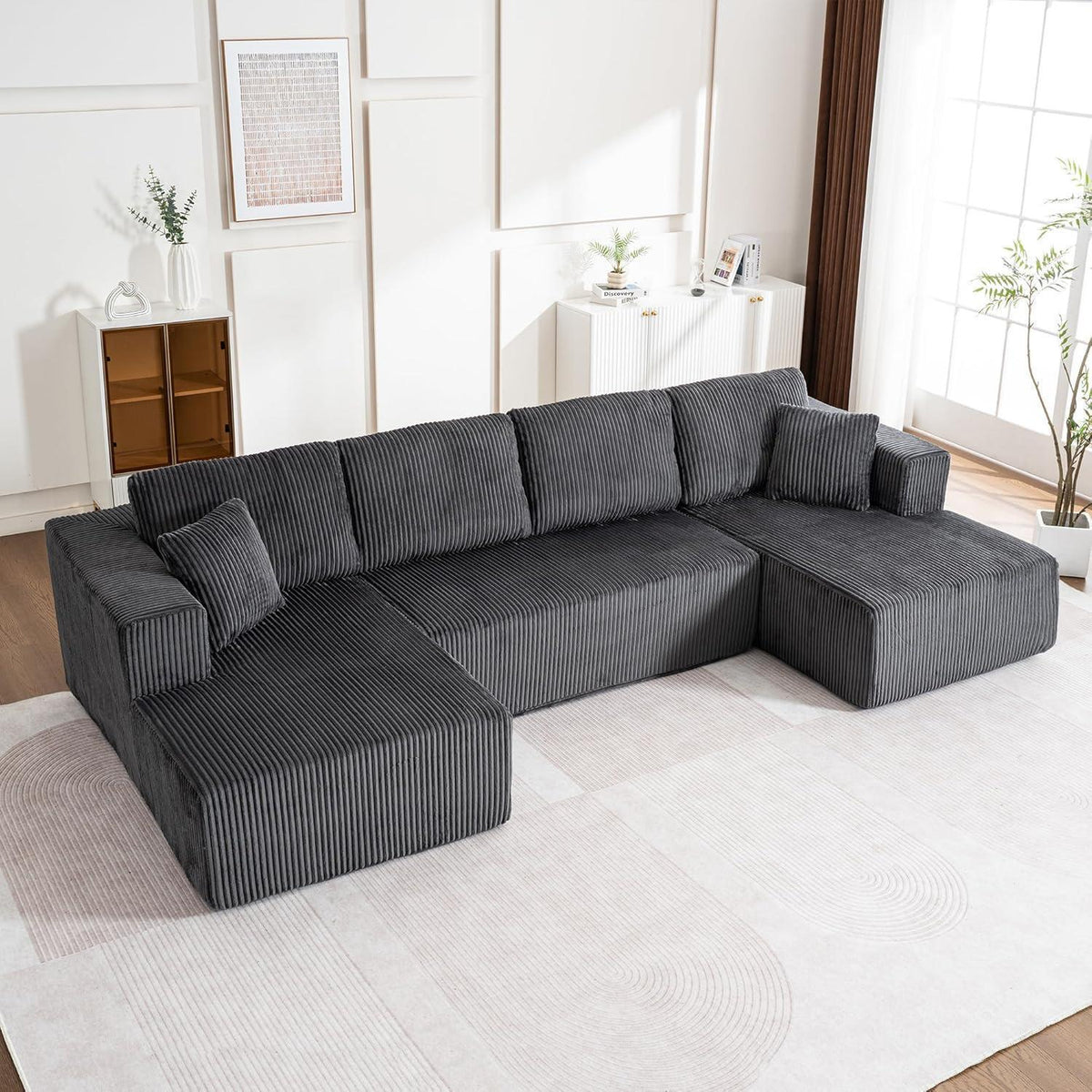 Modernes U-Sofa 4-Sitzer mit Kissen, Grau, Cord Stoff, Kein Aufbau