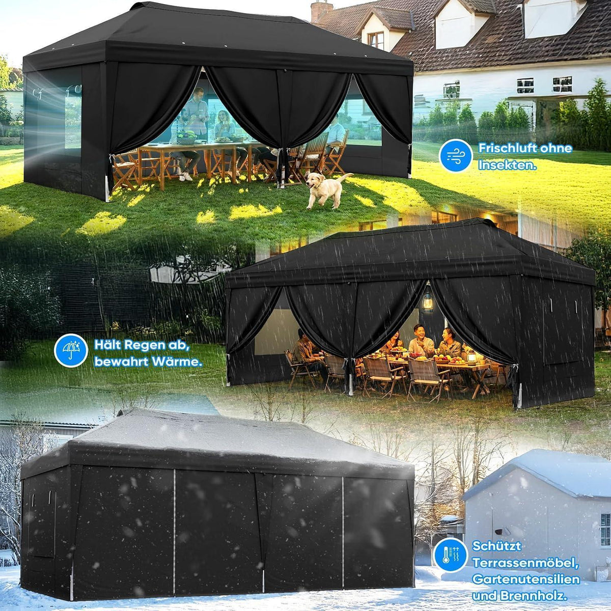 Faltpavillon 3x6m wasserdicht mit Seitenwänden & UV-Schutz