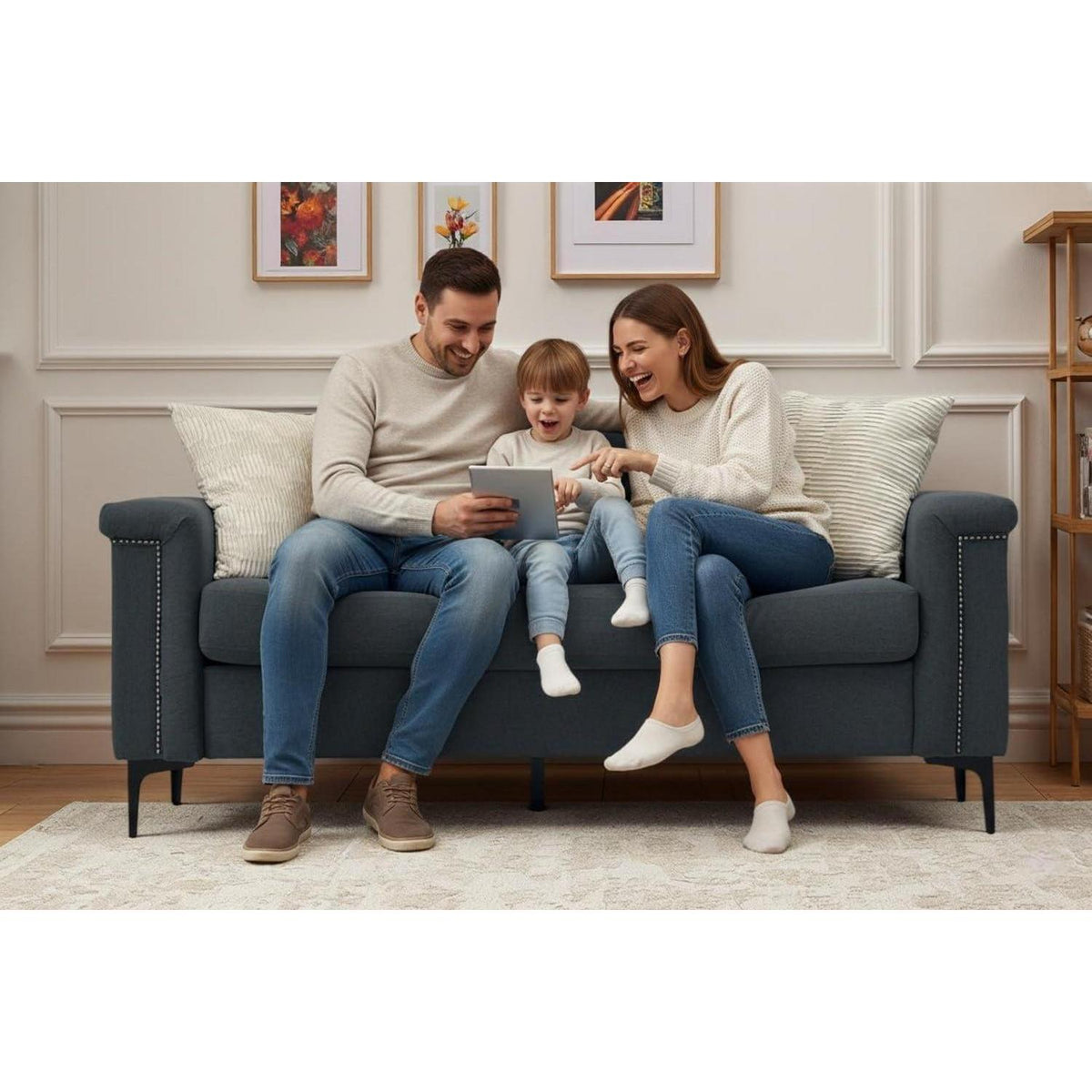 Kleine 2-Sitzer Couch Dunkelgrau – Modernes Leinen Sofa